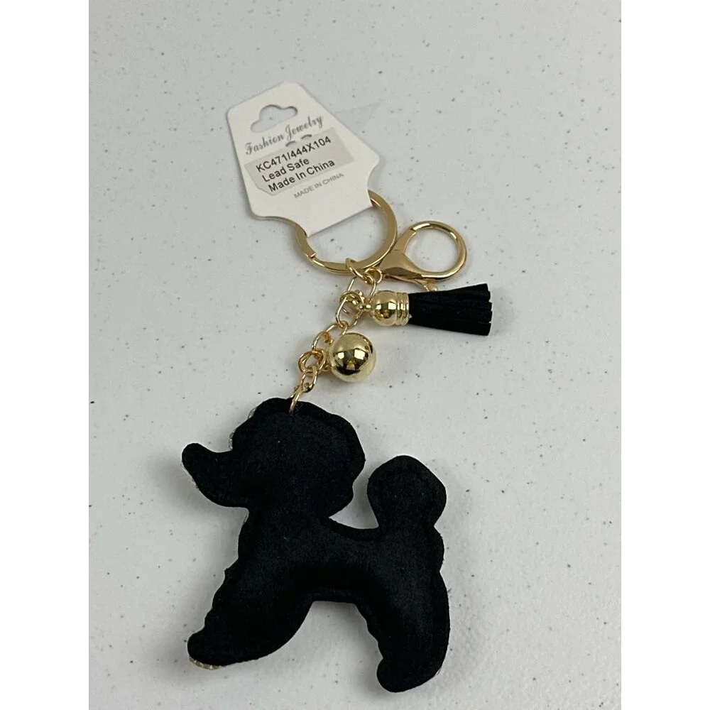 Rhinestone Poodle Keychain With Tassel & Gold Ring Lead Safe